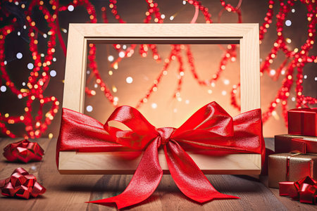 wooden frame with a glittering red bow, enveloping a festive scene of presents and stockings, created with generative aiの素材