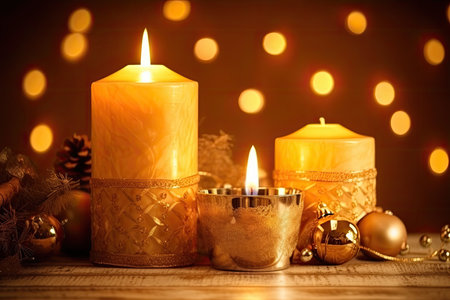 festive christmas background with beautiful ornaments, candles and warm lighting, created with generative aiの素材