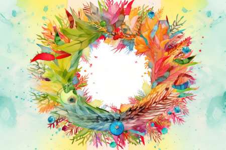 festive wreath in the center of a bright and cheerful border, created with generative aiの素材