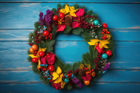 festive wreath in the center of a bright and cheerful border, created with generative aiの素材