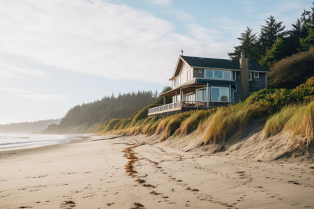 peaceful beach setting with cozy house in the background, created with generative aiの素材