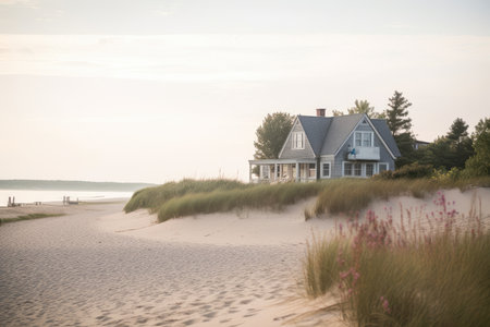 peaceful beach setting with cozy house in the background, created with generative aiの素材