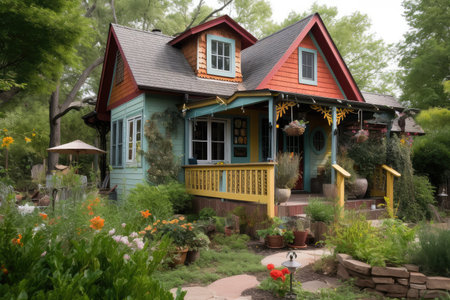cozy house with wrap-around porch and whimsical garden, created with generative aiの素材