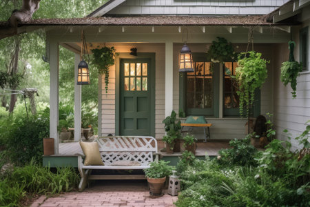 cozy house exterior with porch swing and lanterns, surrounded by lush greenery, created with generative aiの素材