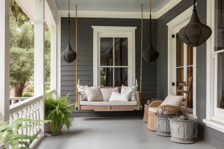 cozy house exterior with porche, porch swing, and hanging lanterns, created with generative aiの素材