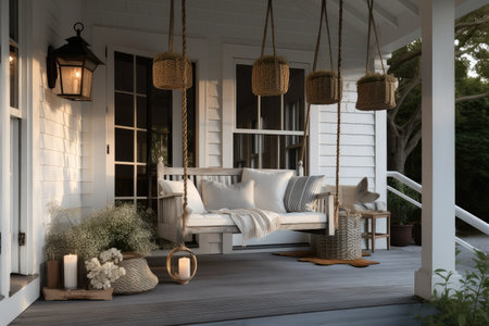 cozy house exterior with porche, porch swing, and hanging lanterns, created with generative aiの素材