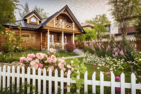 cozy house exterior with blooming garden and wooden fence, created with generative aiの素材