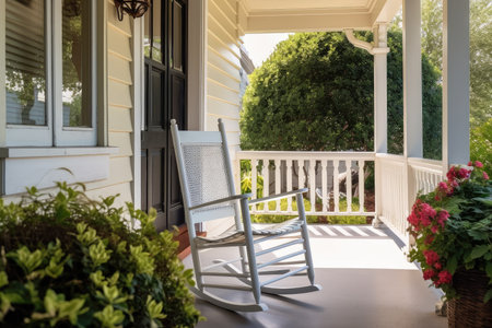 cozy house exterior with front porch and rocking chair, view of the garden, created with generative aiの素材