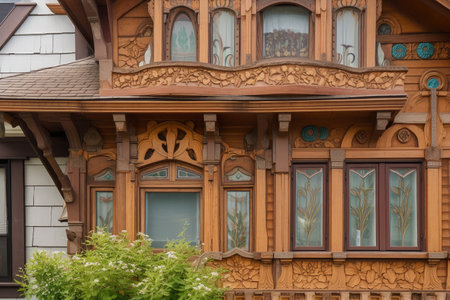 close-up of cozy house exterior, with hidden details revealed: intricate woodwork, stained glass windows & more, created with generative aiの素材