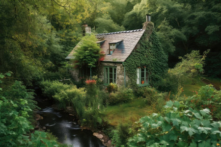 cottage surrounded by lush greenery and babbling brook, created with generative aiの素材