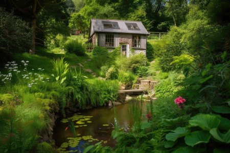 cottage surrounded by lush greenery and babbling brook, created with generative aiの素材