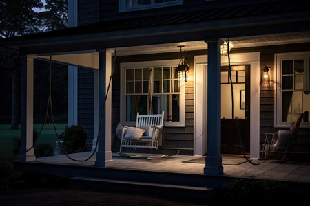 cozy house exterior with porch swing, wicker rocking chair and lanterns at night, created with generative aiの素材