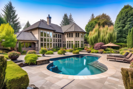luxury home with swimming pool, hot tub, and manicured gardens, created with generative aiの素材