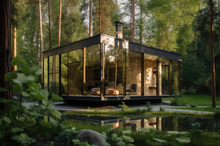 cozy house surrounded by greenery, with the reflection of trees visible in windows, created with generative aiの素材