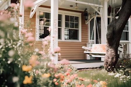 close-up of cozy house exterior with swing and blooming flowers, created with generative aiの素材