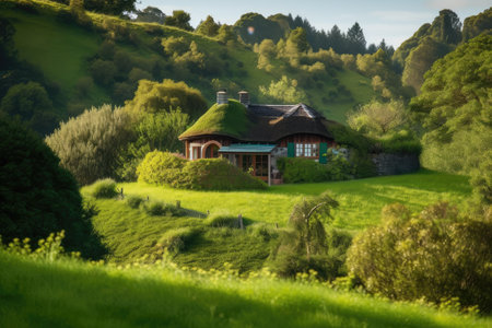 cozy house surrounded by lush greentexture with rolling hills in the background, created with generative aiの素材