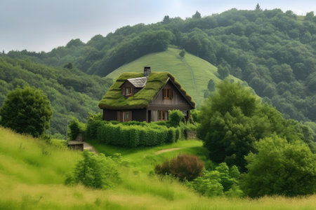 cozy house surrounded by lush greentexture with rolling hills in the background, created with generative aiの素材
