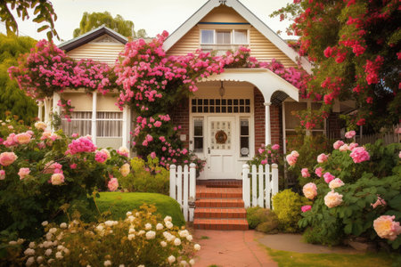 cozy house exterior with lush greenery and beautiful blooming flowers, created with generative aiの素材