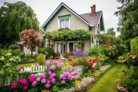 cozy house exterior with lush greenery and beautiful blooming flowers, created with generative aiの素材