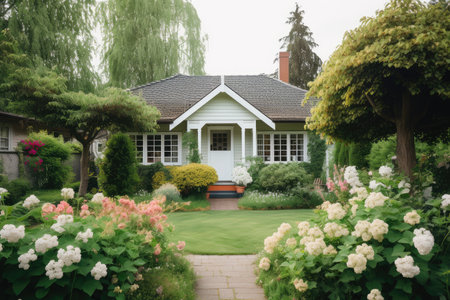 cozy house exterior with lush greenery and beautiful blooming flowers, created with generative aiの素材