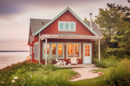 cozy house exterior, with view of the beach or tranquil lake, created with generative aiの素材