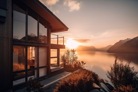 cozy house exterior, with view of the sun setting over mountains or water, created with generative aiの素材