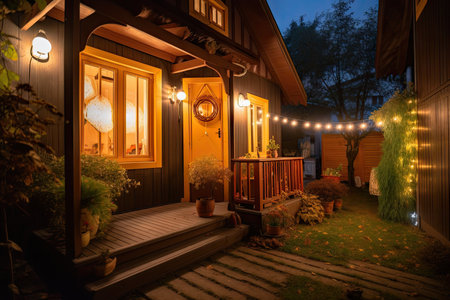cozy house exterior with warm lighting and lanterns, creating a warm and welcoming atmosphere, created with generative aiの素材