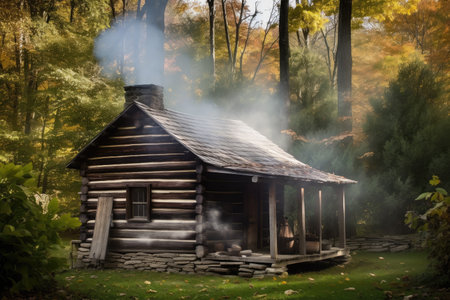 rustic log cabin surrounded by towering trees, with smoke from the chimney curling into the sky, created with generative aiの素材