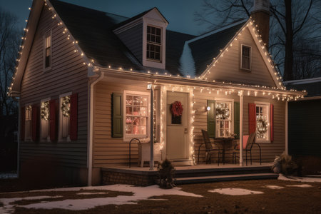 cozy house exterior with holiday lights, or warmly decorated for the holidays, created with generative aiの素材