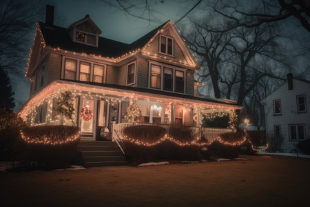 cozy house exterior with holiday lights, or warmly decorated for the holidays, created with generative aiの素材
