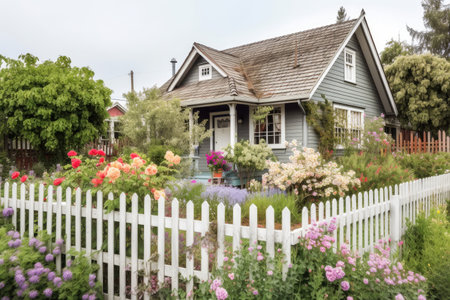 cozy house exterior with blooming flower garden and wooden fence, created with generative aiの素材