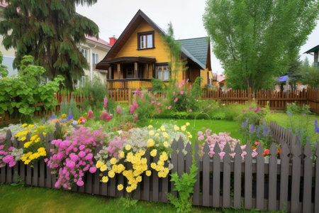 cozy house exterior with blooming flower garden and wooden fence, created with generative aiの素材