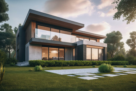 cozy house exterior with view of sprawling park or natural landscape, created with generative aiの素材