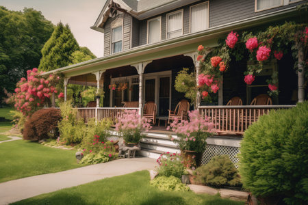 cozy house with wrap-around porch and wicker furniture, surrounded by blooming flowers, created with generative aiの素材