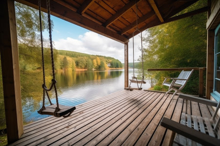 cozy house, with wooden deck and swing, overlooking serene lake, created with generative aiの素材