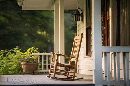 cozy house exterior with porch and rocking chair, ready for lazy afternoon, created with generative aiの素材