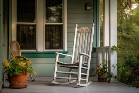cozy house exterior with porch and rocking chair, ready for lazy afternoon, created with generative aiの素材