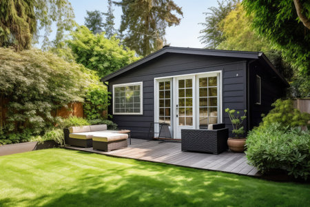 cozy house exterior, with view of peaceful backyard and garden, created with generative aiの素材