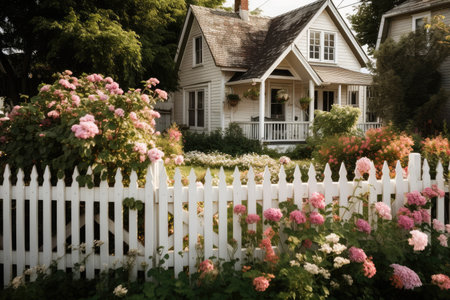 cozy house with white picket fence and blooming flowers, created with generative aiの素材