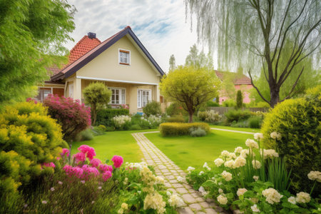 cozy house exterior with garden, green grass and blooming flowers, created with generative aiの素材
