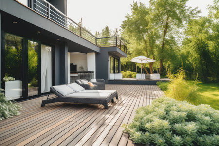 cozy house exterior with sunbathing deck and lounge chairs, surrounded by lush greenery, created with generative aiの素材