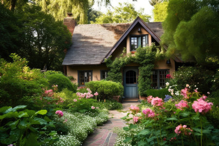 a cozy house surrounded by a garden and flowers, created with generative aiの素材