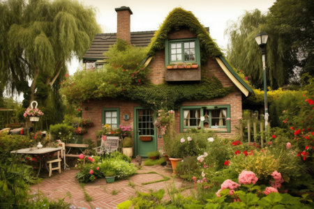 a cozy house surrounded by a garden and flowers, created with generative aiの素材