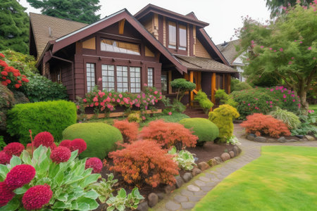 neatly trimmed front lawn and blooming garden in cozy house exterior, created with generative aiの素材