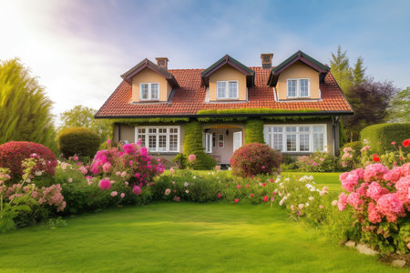 cozy house exterior with lush green lawn and blooming flowers, created with generative aiの素材