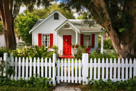 cozy cottage with bright red door and white picket fence, created with generative aiの素材