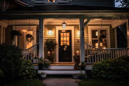cozy house exterior with front porch and lanterns, giving a warm and inviting feel, created with generative aiの素材
