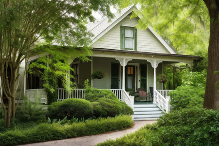 traditional house with porch and rocking chairs, surrounded by lush greenery, created with generative aiの素材