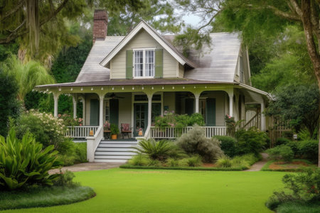 traditional house with porch and rocking chairs, surrounded by lush greenery, created with generative aiの素材