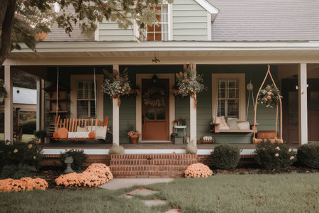 cozy house exterior with front porch swing and floral arrangements, created with generative aiの素材